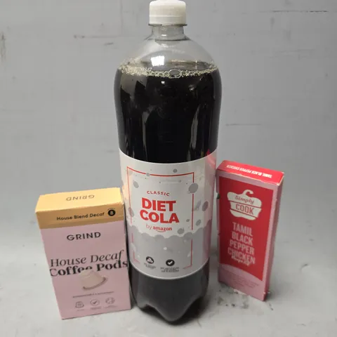 APPROXIMATELY 6 ASSORTED FOOD & DRINK ITEMS TO INCLUDE - DIET COLA AMAZON , GRIND HOUSE BLEND DECAF ETC
