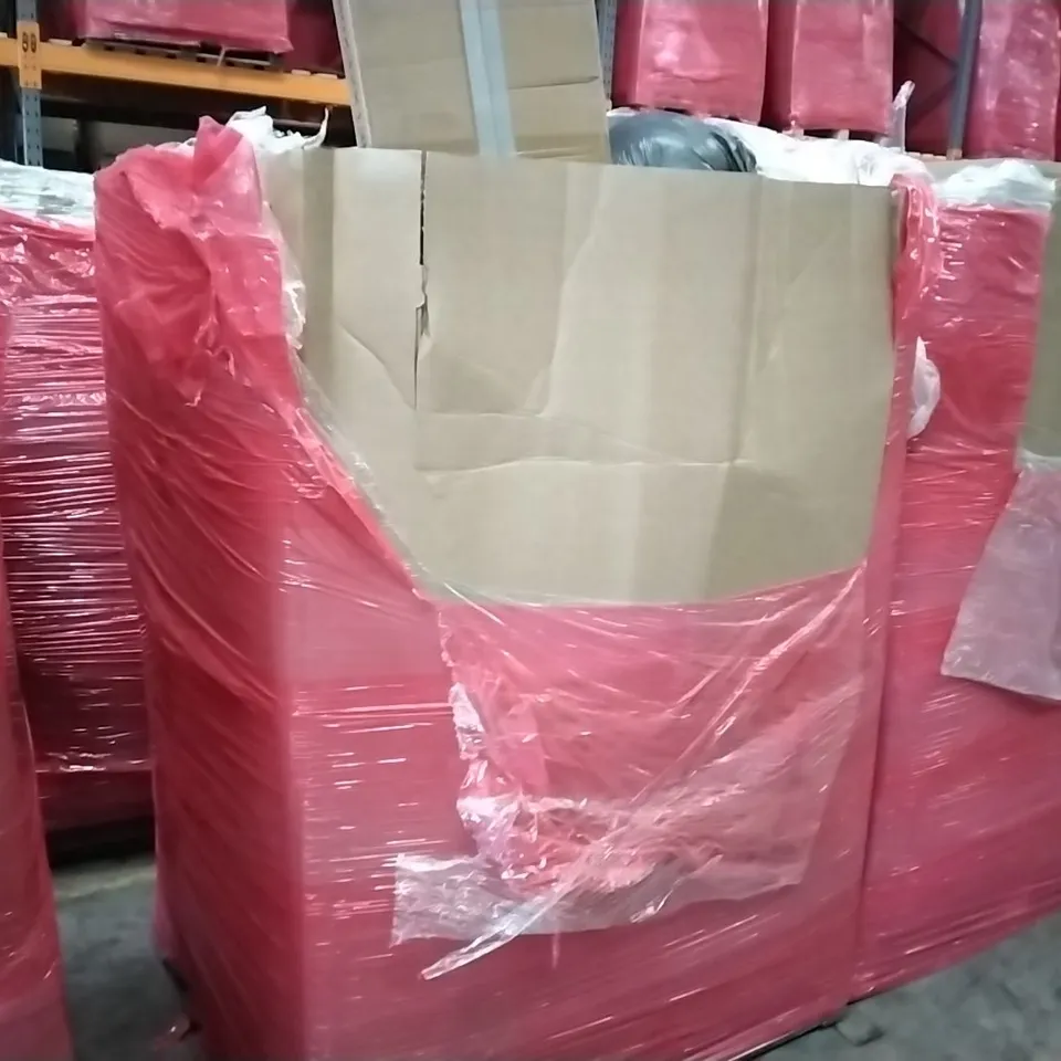 PALLET OF ASSORTED ITEMS TO INCLUDE: AIR FRYER, END TABLE, SHELVES, PLAYPEN, TOILET SEAT ECT