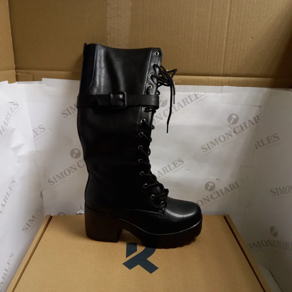 KOI VEGAN CYRAX CHUNKY LNEE HIGH BUCKLE BOOTS - BLACK SIZE 4
