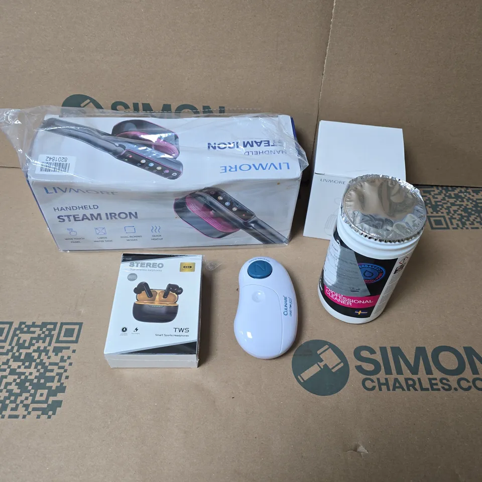 LARGE QUANTITY OF ASSORTED ITEMS TO INCLUDE ELECTRIC CAN OPENER, CLEANING WIPES, STEAM IRON, EARPHONES, LINT REMOVER, ETC - COLLECTION ONLY