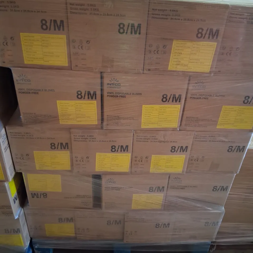 PALLET OF APPROXIMATELY 70 CARTONS OF TEN BOXES OF BRAND NEW INTCO VINYL DISPOSABLE GLOVES POWDER FREE 8/M 100 PAIRS PER BOX