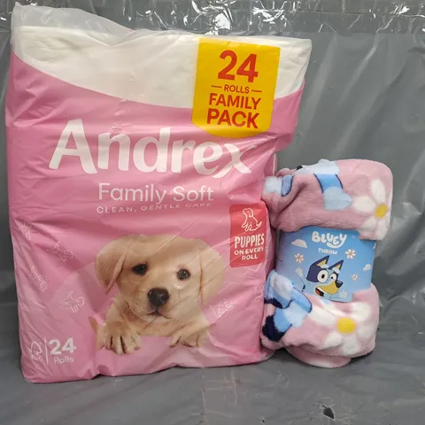 BOX OF APPROXIMATELY 10 ASSORTED HOUSEHOLD ITEMS TO INCLUDE ANDREX PACK OF TOILET ROLL, BLUEY THROE, ETC - COLLECTION ONLY