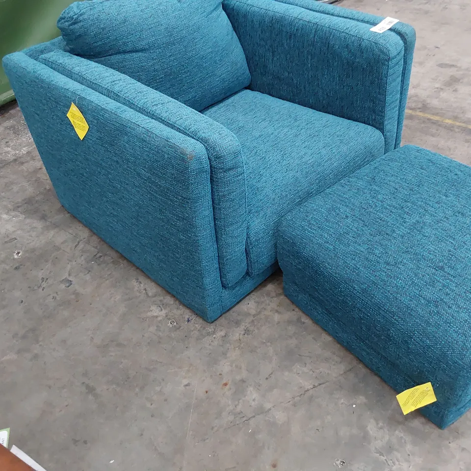 DESIGNER EASY CHAIR & FOOTSTOOL BLUE FABRIC 