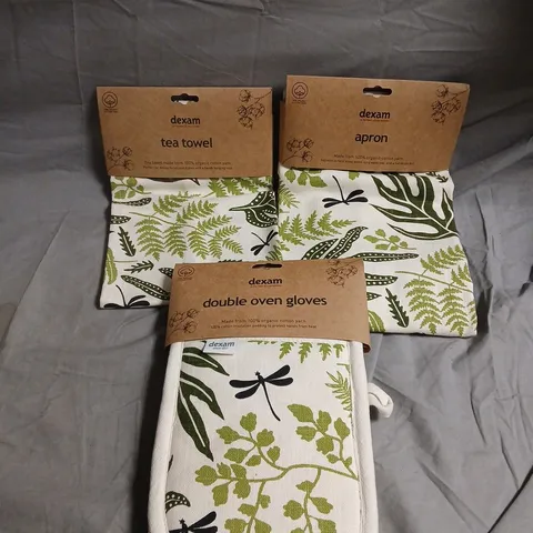 ORGANIC COTTON YARN TEA TOWEL, APRON & DOUBLE OVEN GLOVE SET IN LEAFY DESIGN 
