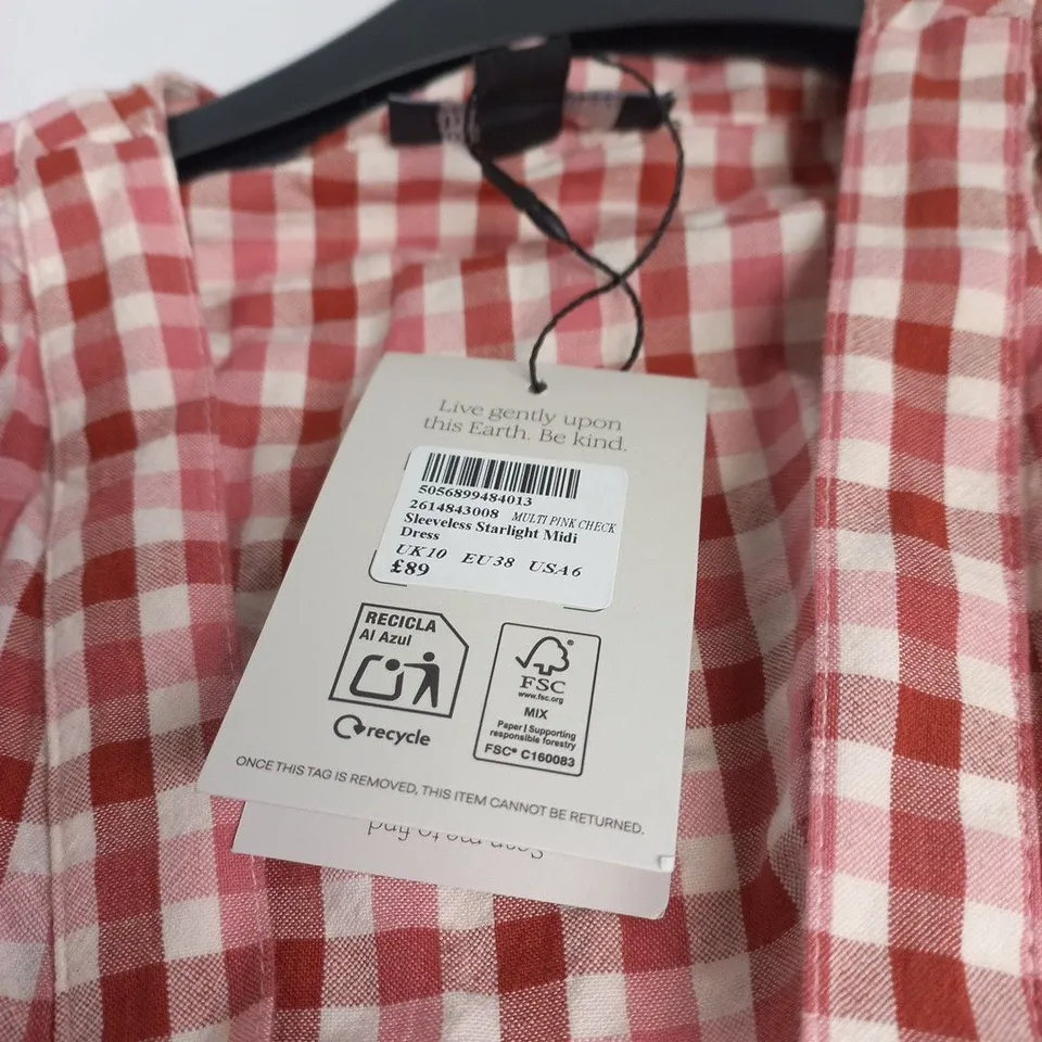 NOBODY'S CHILD SLEEVELESS CHECK MIDI DRESS - PINK AND WHITE GINGHAM, UK 10