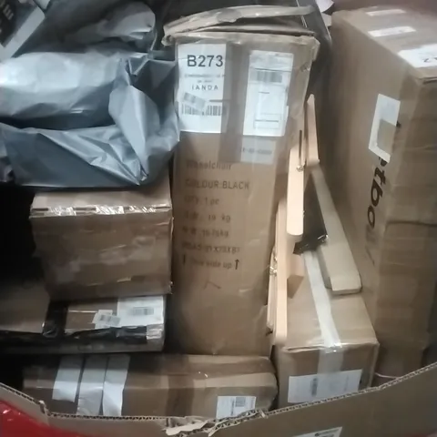 PALLET OF ASSORTED HOUSEHOLD GOODS AND PRODUCTS TO INCLUDE; WHEEL CHAIR, PRAM, DOG BED, BOXED FURNITURE ETC