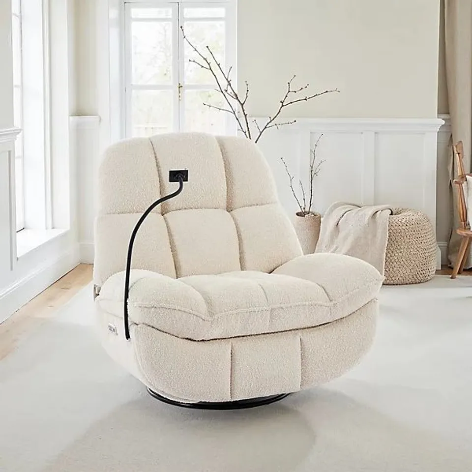 BOXED CHICAGO SWIVEL & ROCKER ELECTRIC BOUCLE RECLINER CHAIR - BEIGE (1 BOX)