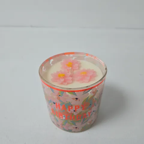 HAPPY BIRTHDAY DECORATIVE CANDLE IN PINK FLORAL GLASS TUMBLER