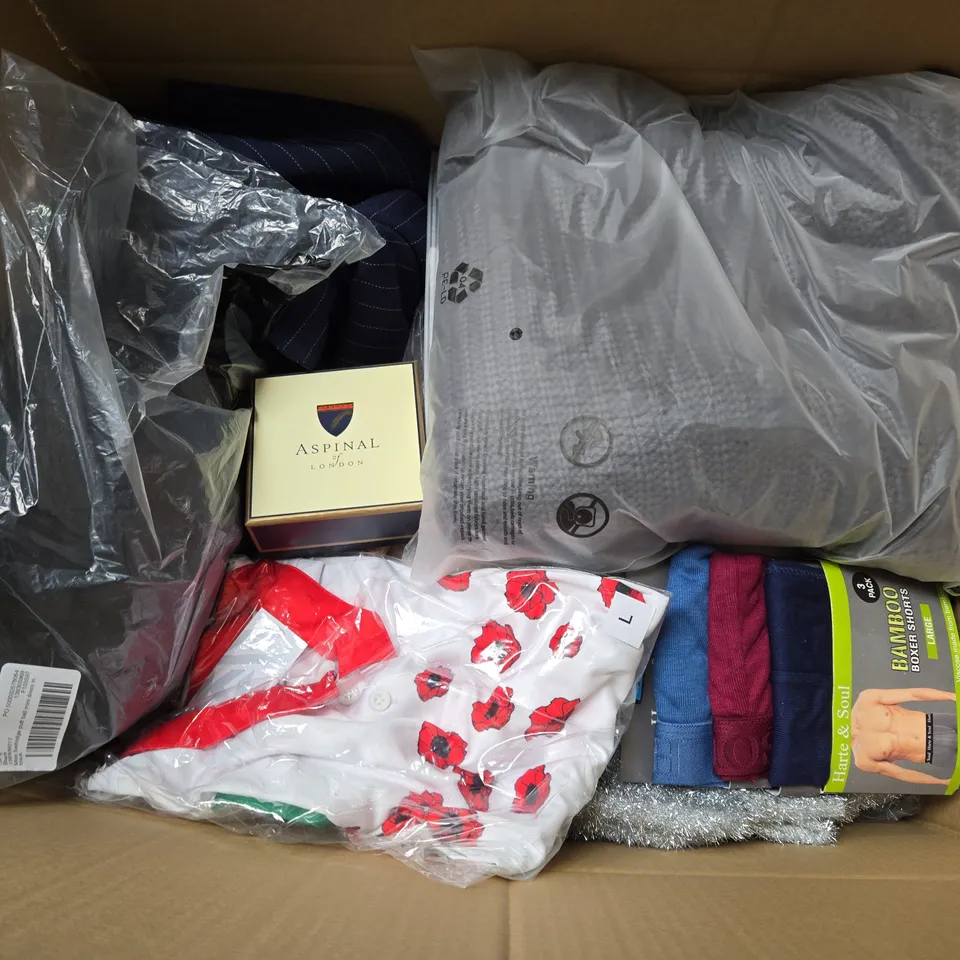 LARGE BOX OF ASSORTED CLOTHING ITEMS IN VARIOUS SIZES, STYLES AND COLOUR 