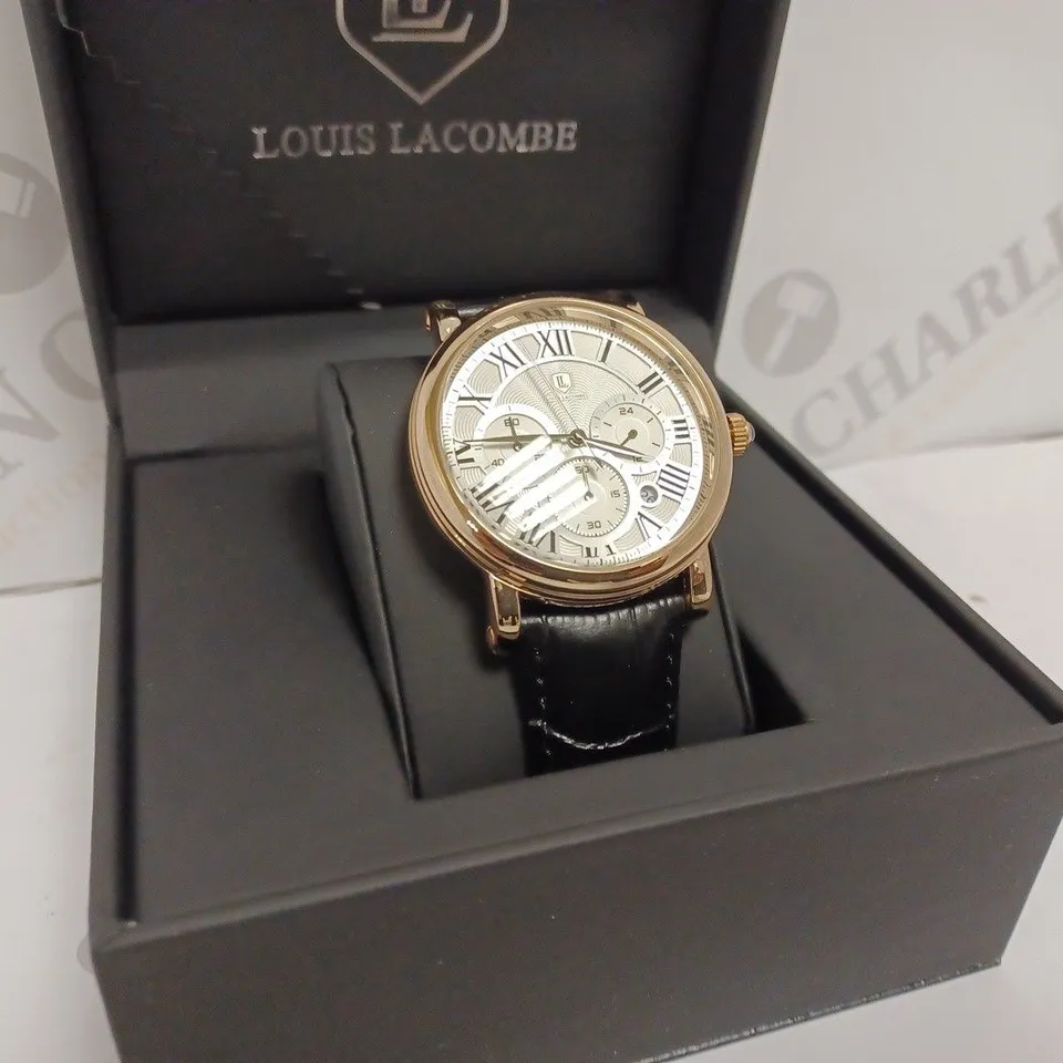 LOUIS LACOMBE MENS CHRONOGRAPH WATCH - MULTI FUNCTION DIAL WITH DATE - ROMAN NUMERAL DIAL- STAINLESS STEEL ROSE GOLD CASE - LEATHER STRAP - 3ATM WATER RESISTANT - DISPLAY BOX