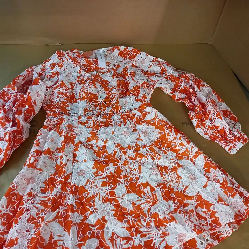 TOPSHOP ORANGE FLORAL PUFF SLEEVE DRESS - UK 10