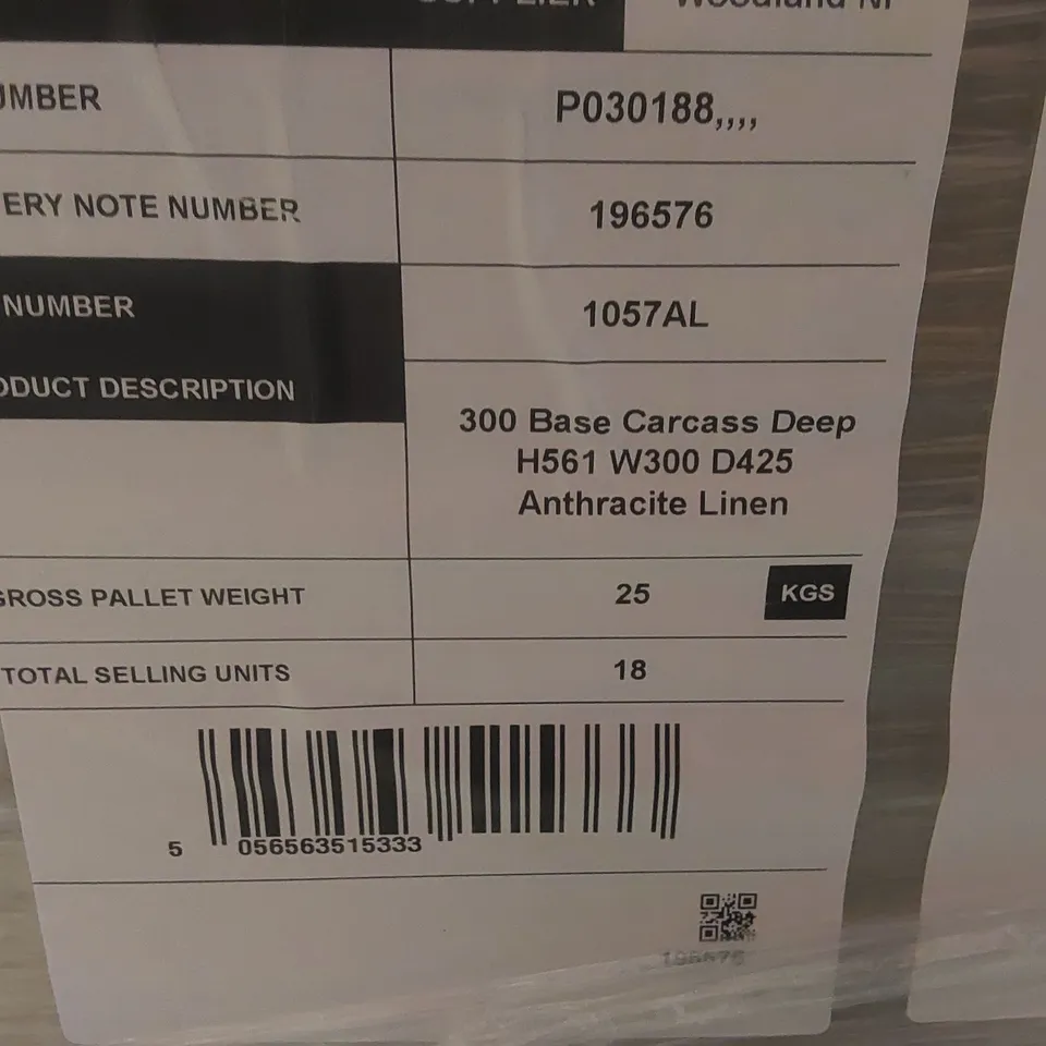 PALLET CONTAINING A LARGE QUANTITY OF BRAND NEW CALYPSO 300 BASE CARCASS DEEP H561 W300 D425 ANTHRACITE LINEN