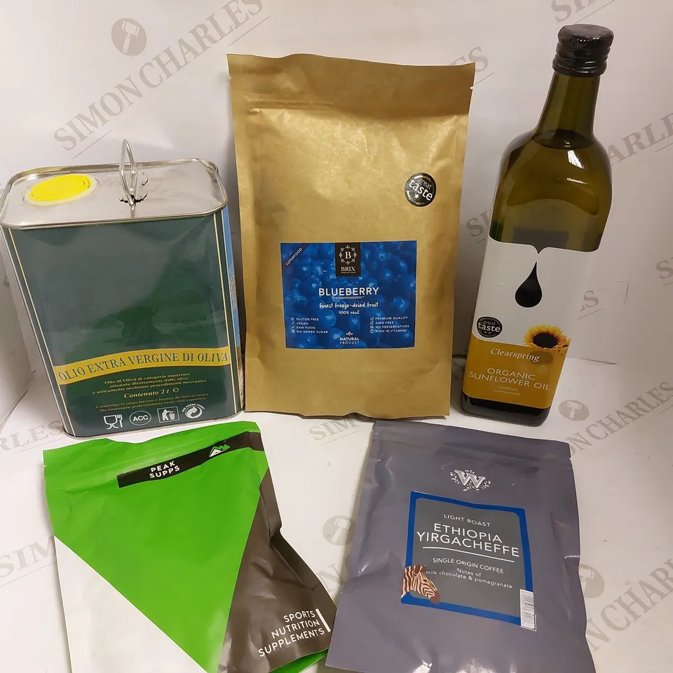 BOX OF APPROX 8 ITEMS TO INCLUDE ETHIOPIA YIRGACHEFFE COFFEE, NUTRIENTS SUPPLEMENTS, EXTRA VIRGIN OLIVE OIL