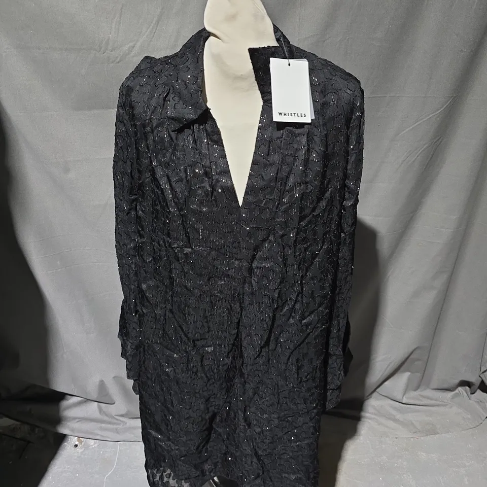 WHISTLES METALLIC DOBBY MINI DRESS IN BLACK - UK 14