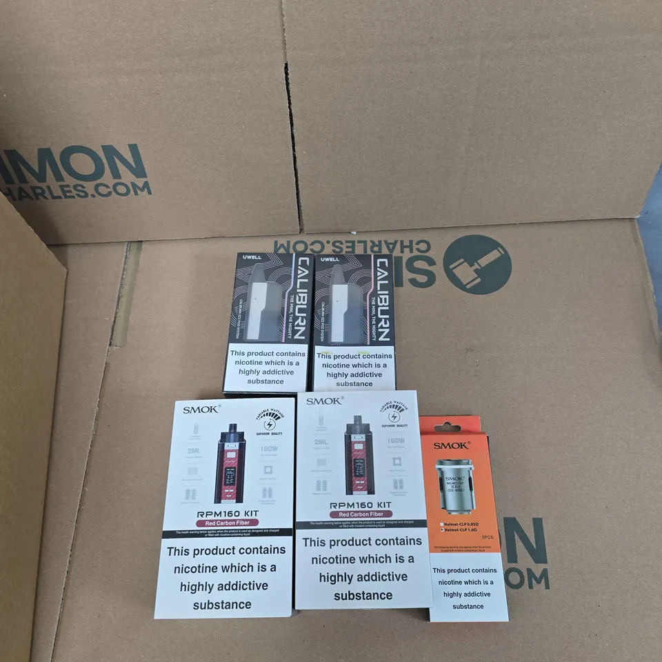 BOX OF APPROXIMATELY 30 ASSORTED E-CIGARETTES AND ACCOMPANIMENTS TO INCLUDE: SMOK RPM 160 KIT 