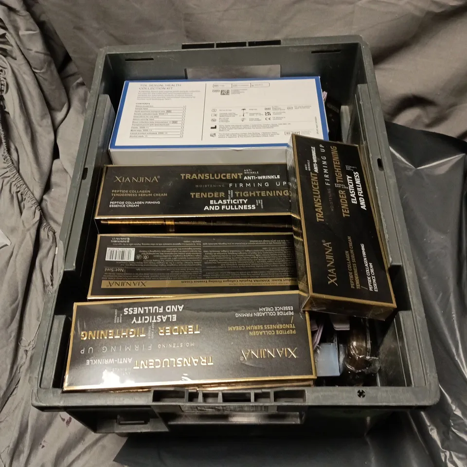 APPROXIMATELY 25 ASSORTED COSMETIC ITEMS INCLUDING THERMAL FORMING FALSE TEETH, 2 IN 1 EYE AND CHEEK PALETTE, PEPTIDE COLLAGEN TENDERNESS SERUM CREAM, TEA TOWEL, NAIL FILES ETC