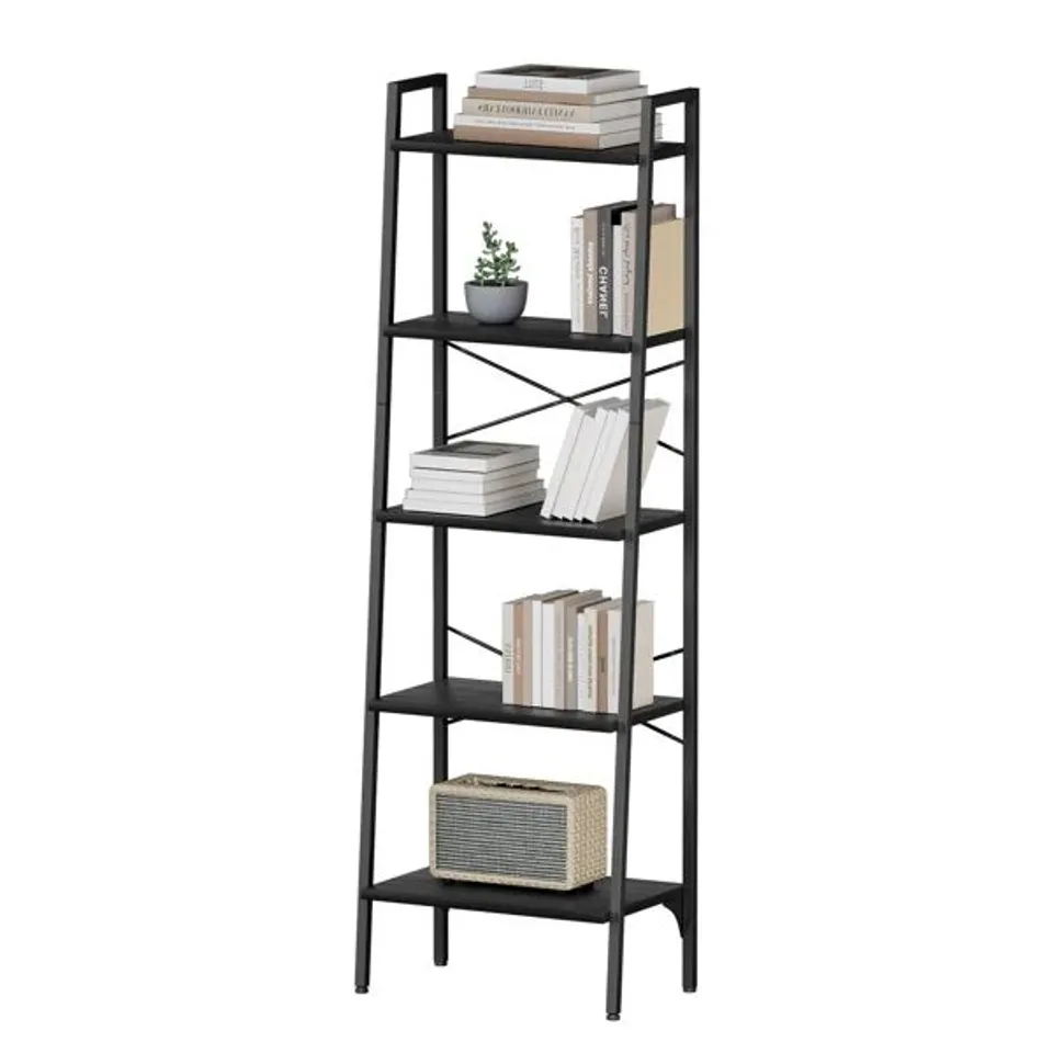BOXED LADDER SHELF 172cm H X 56cm W STEEL LADDER BOOKCASE - RUSTIC BROWN