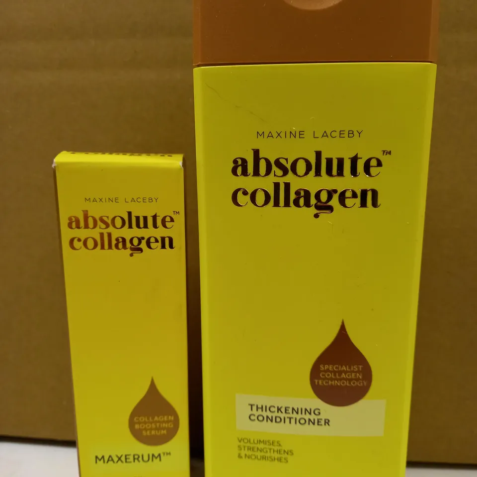 LOT OF 2 MAXINE LACEBY ABSOLUTE COLLAGEN ITEMS TO INCLUDE THICKENING CONDITIONER AND MAXERUM 