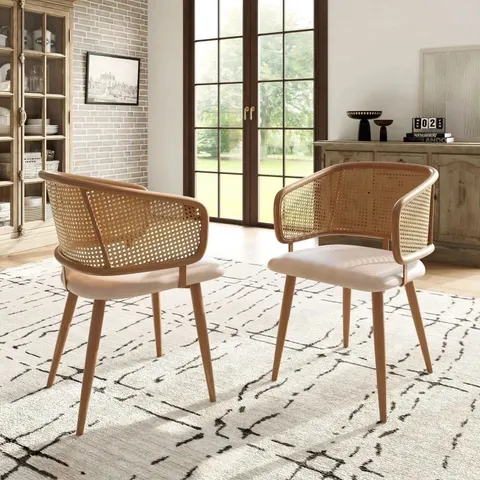 BOXED SET OF 2 MODERN DINING CHAIRS WITH RATTAN BACKREST, PU LEATHER SEAT, ERGONOMIC ARMCHAIR WITH WOOD GRAIN IRON LEGS, 51L X 54W X 79H CM, BEIGE