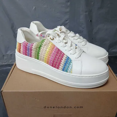 BOXED PAIR OF DUNE LONDON FLATFORM LACE UP SPORT TRAINERS IN WHITE - SIZE 7