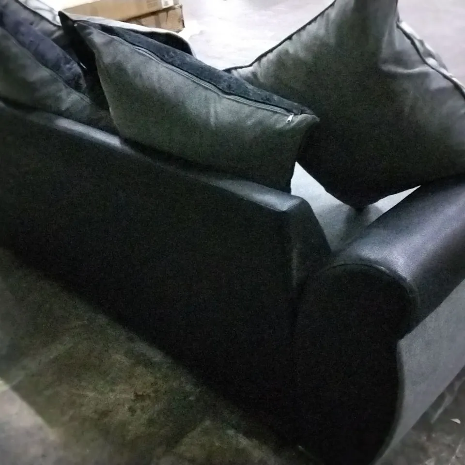 DESIGNER HILTON BLACK SUEDE EFFECT AND GREY FABRIC THREE SEATER WITH SCATTER CUSHIONS