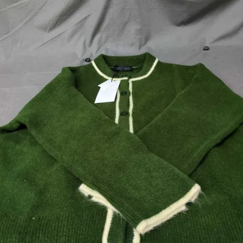 ZARA UK SIZE S GREEN KNIT CARDIGAN WITH CREAM PIPING