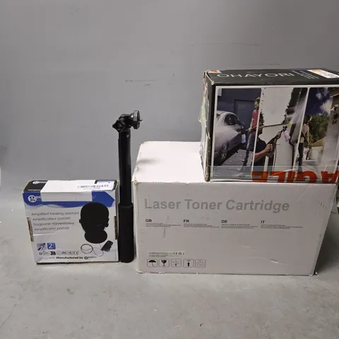 BOX OF APPROXIMATELY 8 ASSORTED ITEMS TO INCLUDE - LASER TONER CARTRIDGE , CAMERA STICK , HEARING ASSIST ETC