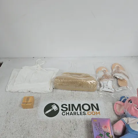 BOX OF APPROXIMATELY 15 ASSORTED ITEMS INCLUDING A HAVEN ANXIOUS ELEPHANT SOFT TOY, SOME SANDALS AND LOZ MINI ETERNAL FLOWERS