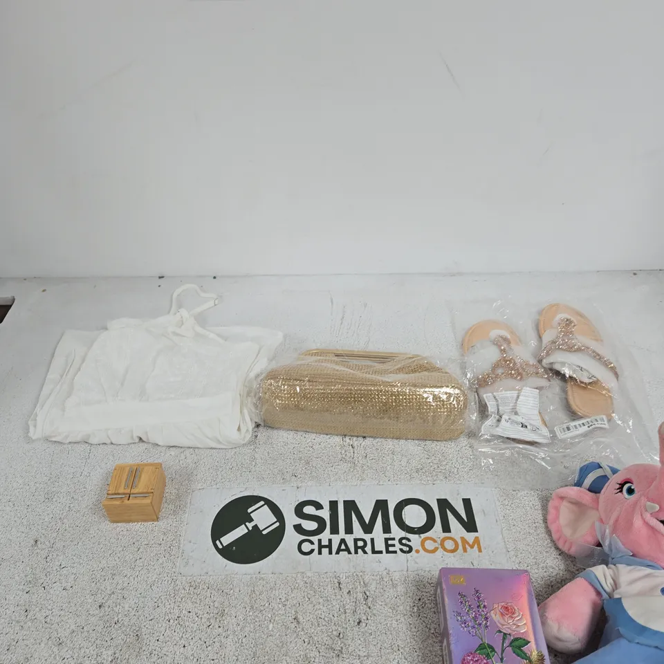 BOX OF APPROXIMATELY 15 ASSORTED ITEMS INCLUDING A HAVEN ANXIOUS ELEPHANT SOFT TOY, SOME SANDALS AND LOZ MINI ETERNAL FLOWERS