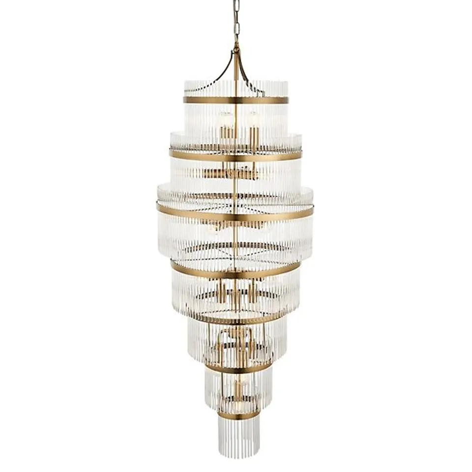 BOXED LUMINOSA MARIETTA GRAND PENDANT CEILING LIGHT ANTIQUE BRASS PLATE, CLEAR GLASS, 21X E14