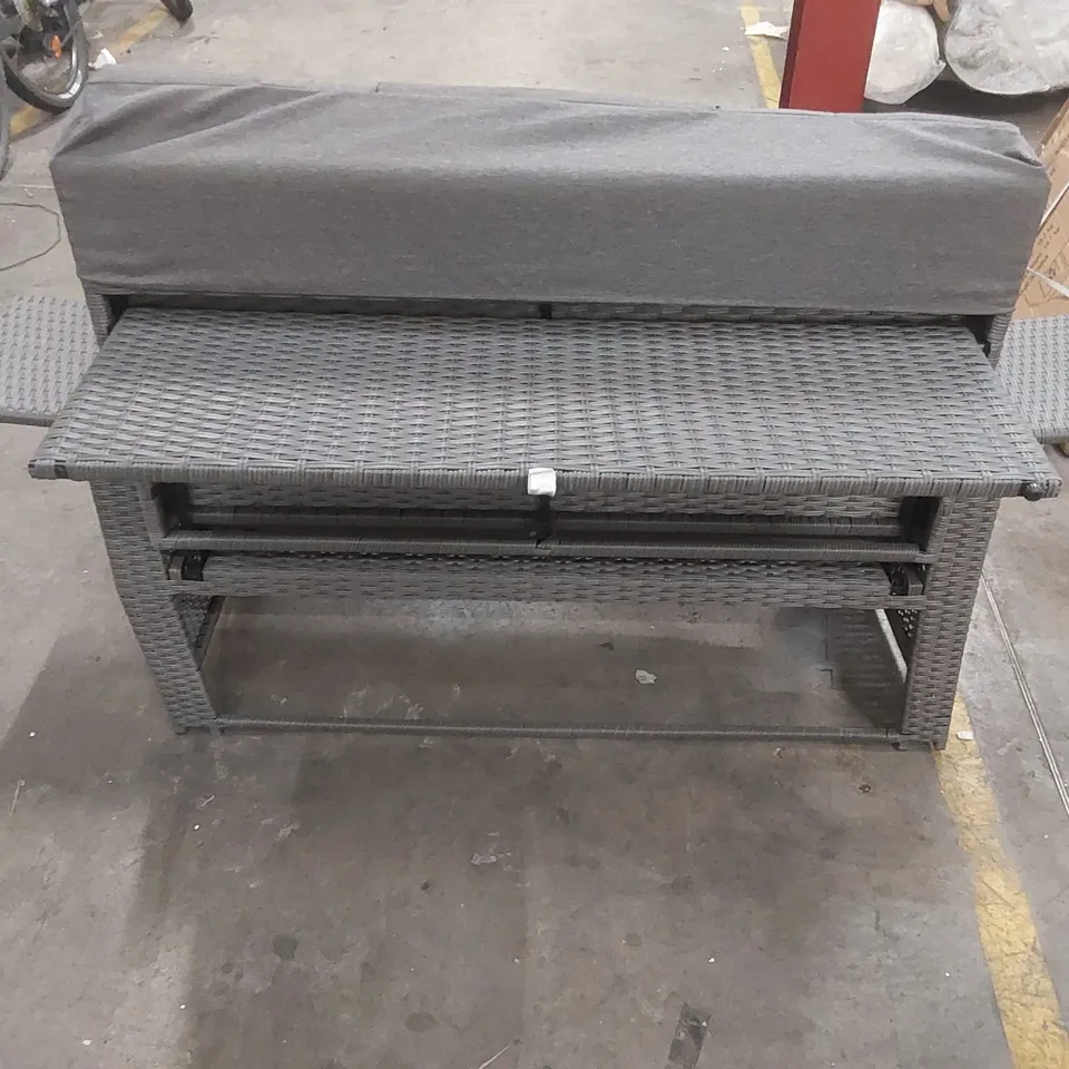 DESIGNER GREY RATTAN 2-SEATER SOFA WITH PULL-OUT GLASS TOP COFFEE TABLE
