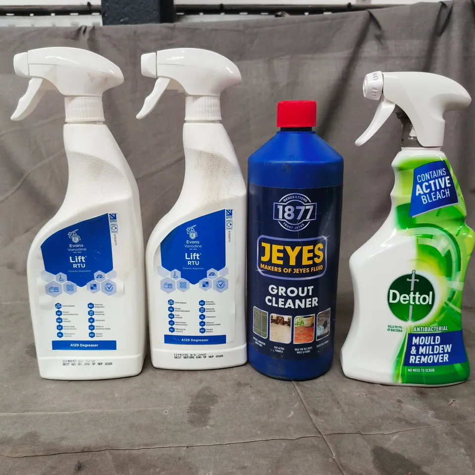 APPROXIMATELY 10 ASSORTED HOUSEHOLD LIQUID PRODUCTS TO INCLUDE - MOULD REMOVER , GROUT CLEANER , ETC 