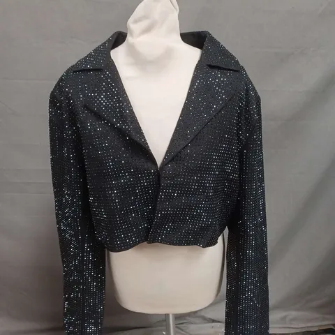 MANIERE DE VOIR RHINESTONE CROPPED BLAZER IN BLACK SIZE 14