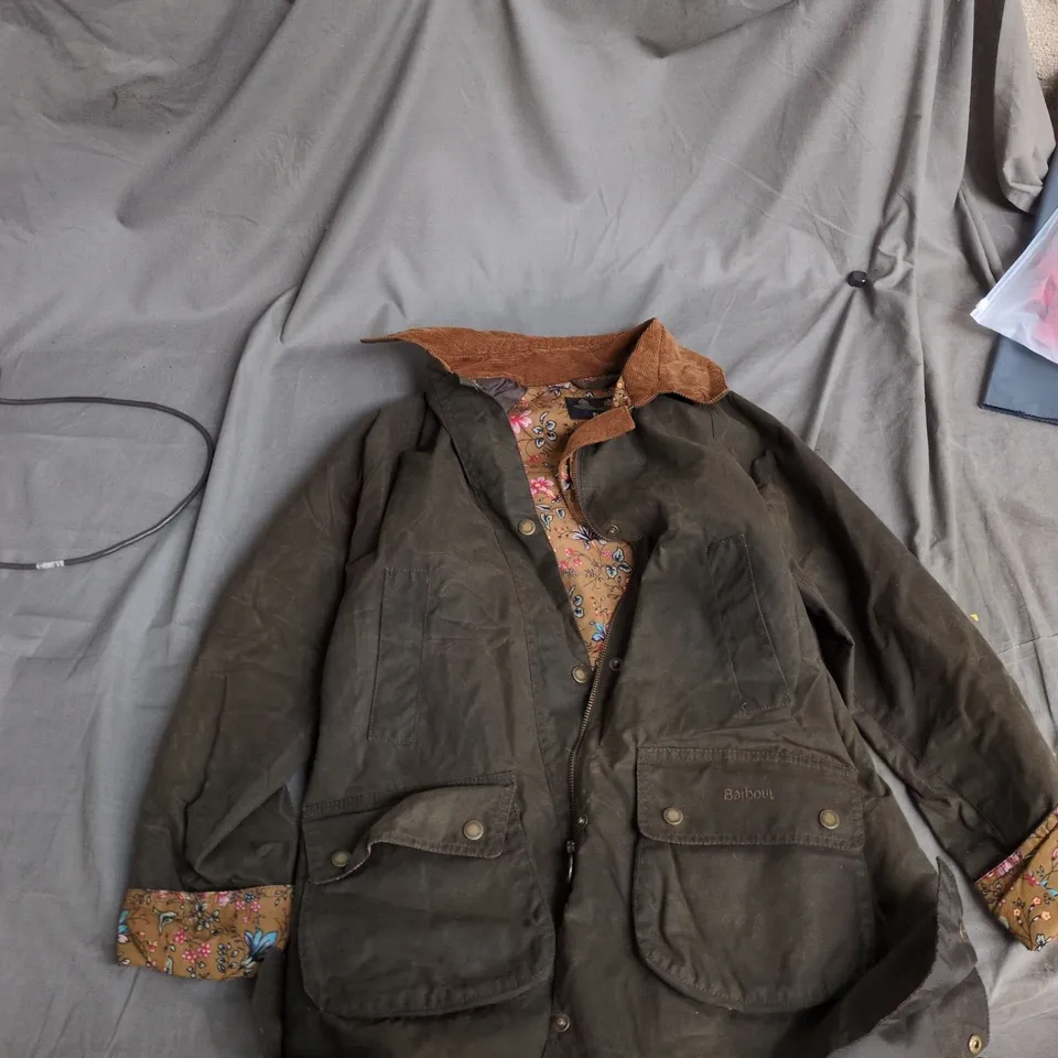 BARBOUR X LAURA ASHLEY WAXED JACKET - OLIVE GREEN, UK 12 (EU 38) WITH FLORAL LINING