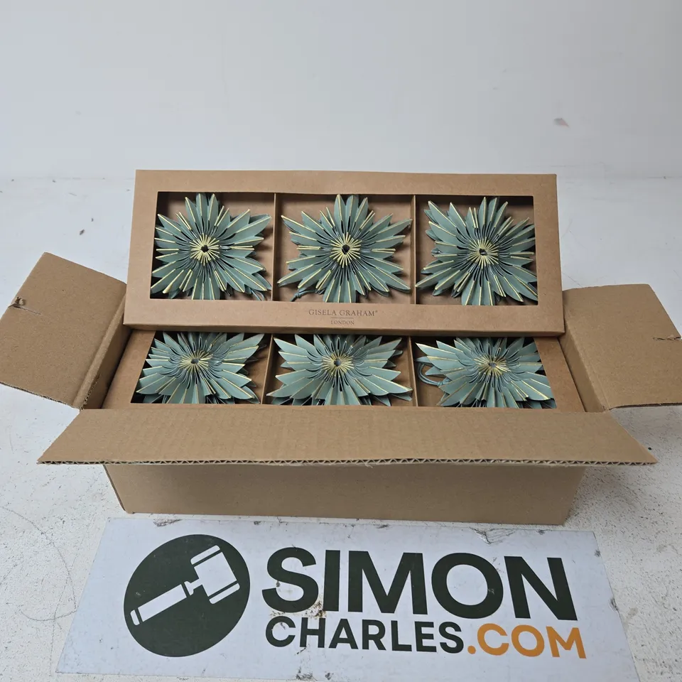 6 X GISELA GRAHAM SAGE GREEN STARBURST PAPER SNOWFLAKE DECORATION SETS