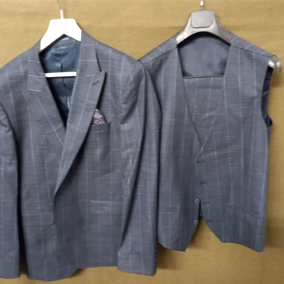 MOSES KUSHNER DARK BLUE CHECK 3-PIECE SUIT - JACKET 56 TROUSERS 48