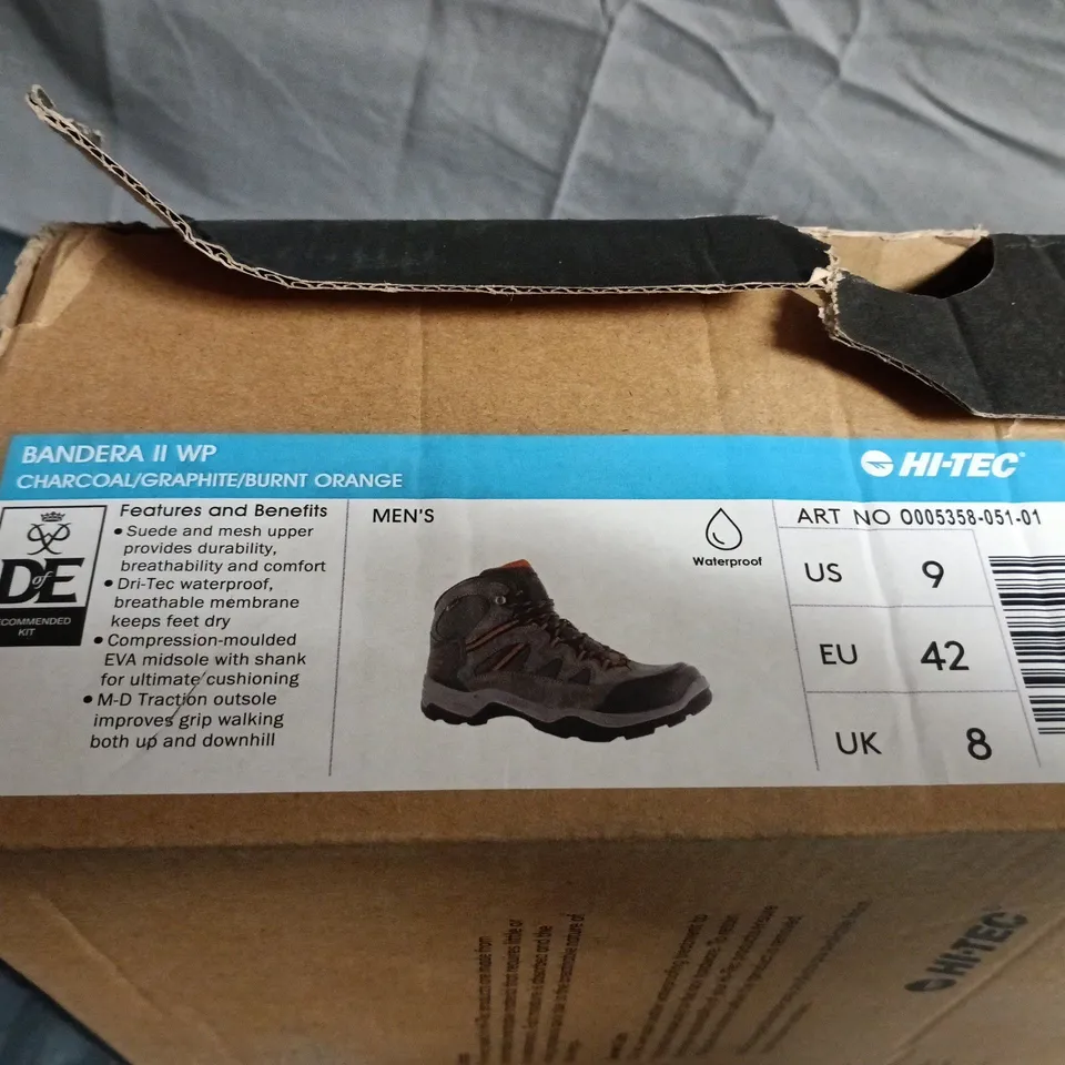 BOXED PAIR OF HI-TEC BANDERA II WP MEN'S WALKING BOOTS - CHARCOAL/GRAPHITE/BURNT ORANGE, UK 8