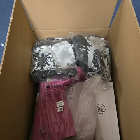 BOX OF APPROXIMATELY 14 ASSORTED PAIRS OF SHOES IN VARIOUS STLYLES , COLOURS AND SIZES 