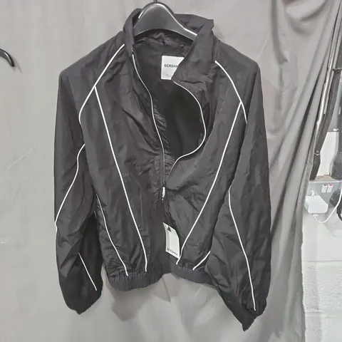 BERSHKA BLACK WINDBREAKER JACKET WITH WHITE PIPING