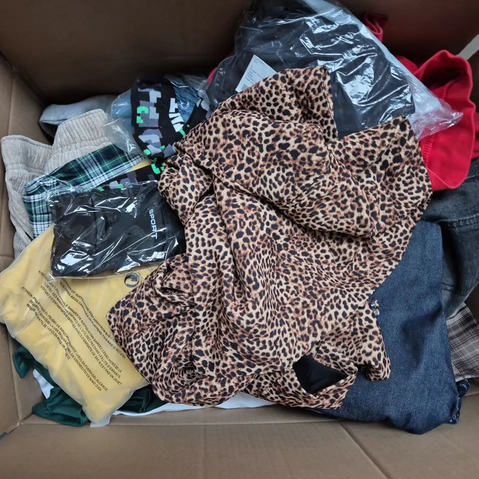 LARGE BOX OF ASSORTED CLOTHING ITEMS IN VARIOUS SIZES, STYLES AND COLOUR  TO INCLUDE JEANS, HANDBAG, JACKET, ETC