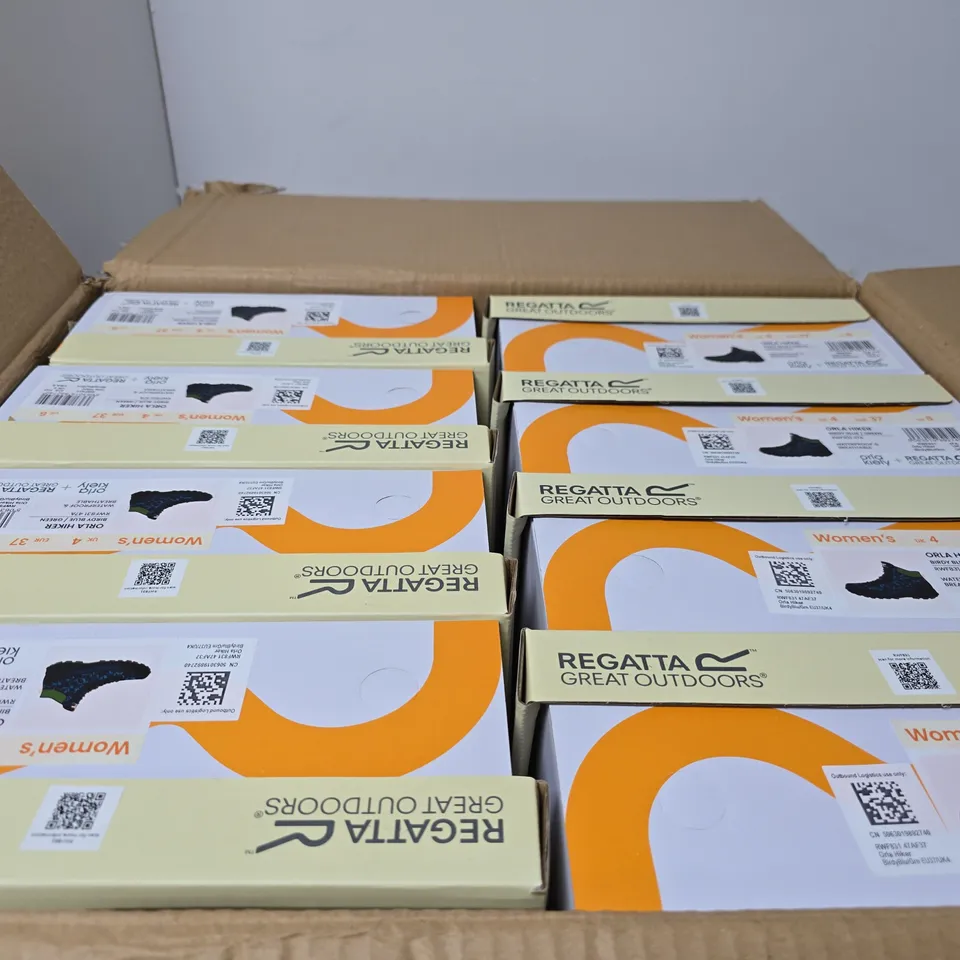 BOX OF APPROXIMATELY 8 PAIRS OF BRAND NEW REGATTA ORLA HIKER BOOTS - BIRDY BLUE GREEN - SIZE UK 4 