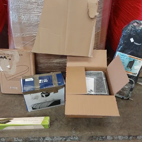 PALLET OF ASSORTED ITEMS INCLUDING:, SECURITY LOCK BOX, AIR MATTRESS, HOPPA SHOPPING TROLLEY, HEAT ACCELERATOR MAT, TOILET SEAT 