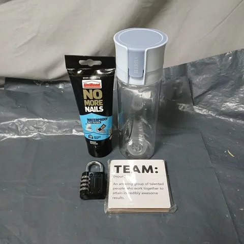 APPROXIMATELY 15 ASSORTED HOUSEHOLD ITEMS TO INCLUDE PADLOCK, "TEAM" COASTERS, BRITA WATER BOTTLE, NO MORE NAILS ETC