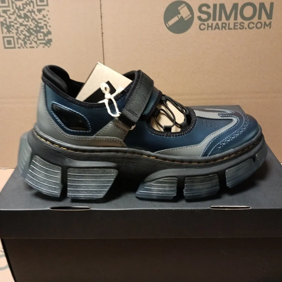 BOXED PAIR OF DR MARTENS MARY JANE LATTICE SHOES IN BLUE SHIMMER & GUNMETAL - UK 9.5