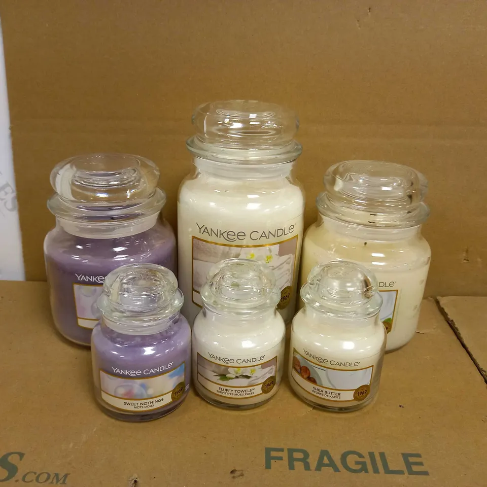 BOX OF APPROX 6 YANKEE CANDLES - SWEET NOTHINGS, SHEA BUTTER, FLUFFY TOWELS 
