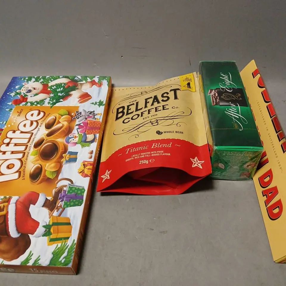 TOTE OF ASSORTED FOOD AND DRINK ITEMS TO INCLUDE TOFFIFEE, BELFAST COFFEE AND AFTER EIGHT 