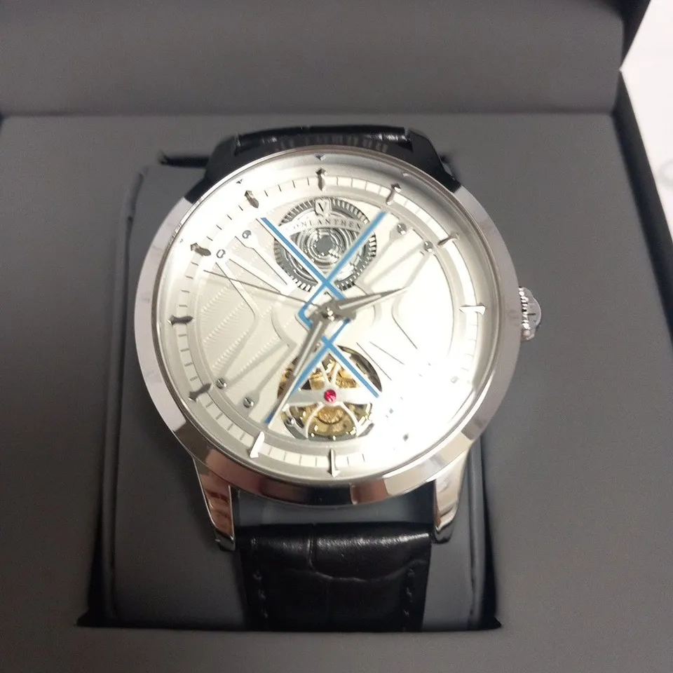MENS VONLANTHEN AUTOMATIC WATCH – SILVER AND BLUE TEXTURED DIAL - GLASS EXHIBITION BACKCASE – BLACK LEATHER STRAP