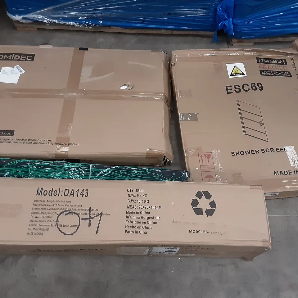 PALLET OF ASSORTED PRODUCTS INCLUDING AMAGABELI PVC COATED WIRE MESH NETTING, SHOWER SCREEN DOOR, HOMIDEC, ANGELSHIELD TOILET SEAT, DONYER POWER ELECTRICAL PATIO HEATER, MOVTOTOP FOLDING TRAMPOLINE