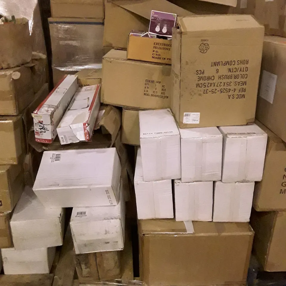 PALLET OF BRAND NEW HOMEWARE STOCK INCLUDING LIGHT BULBS, KITCHEN LIGHTING & CHALICE FLOOR LAMP