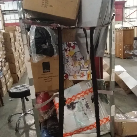 CAGE OF ASSORTED HOUSEHOLD GOODS AND PRODUCTS TO INCLUDE; LAUNDRY BASKET,FAN,FOAM MATS, SLEEPING BAG, TARPAULIN